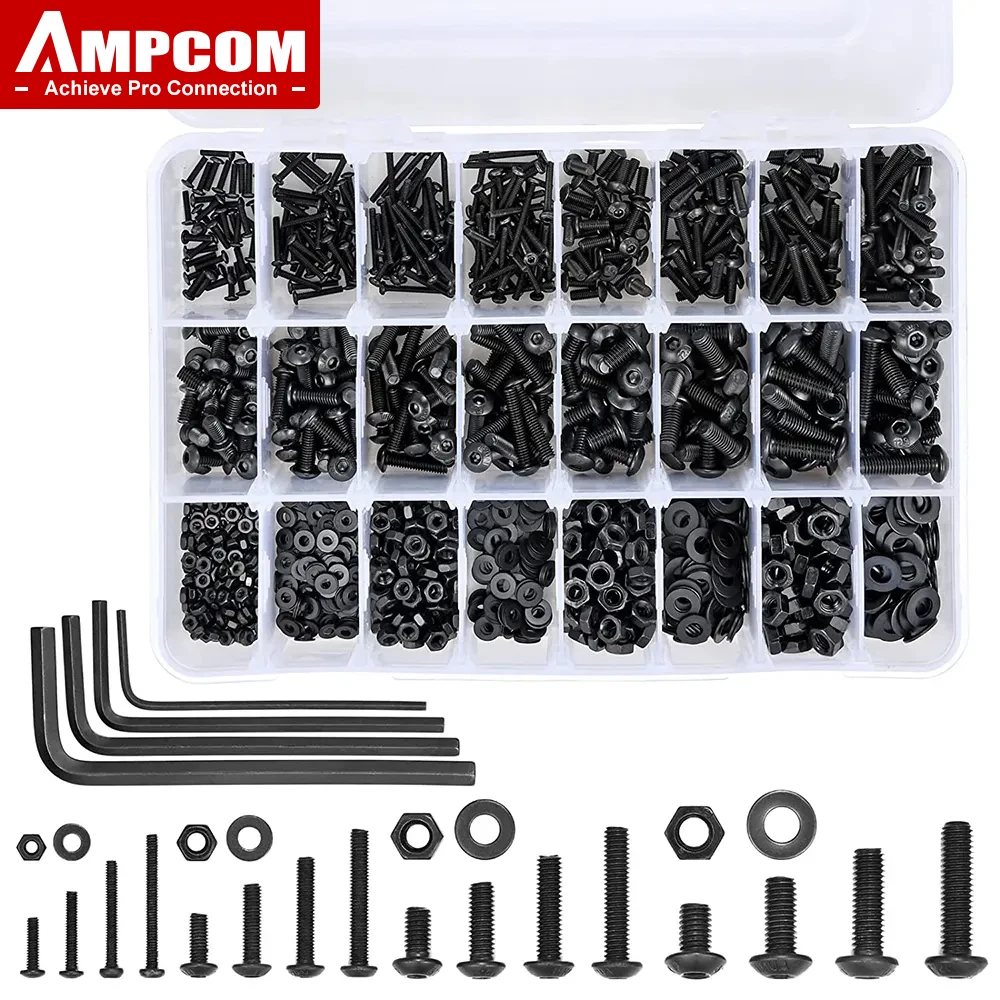 1225Pcs M2 M3 M4 M5 Nuts Washers Screws Set, Alloy Carbon Steel Hex Button Head Cap Bolts Assortment Kit with Hex Wrenches