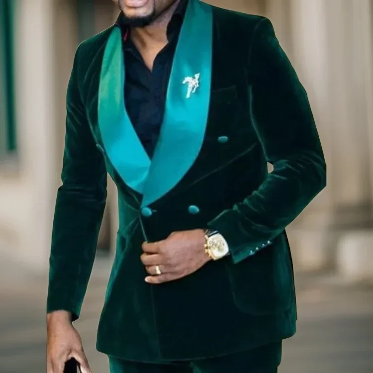 

Wedding Suits For Men Double Breasted Slim Fit Groom Tuxedo Shawl Lapel Fashion Dark Green Velvet Suit Smoking Jacket Pants