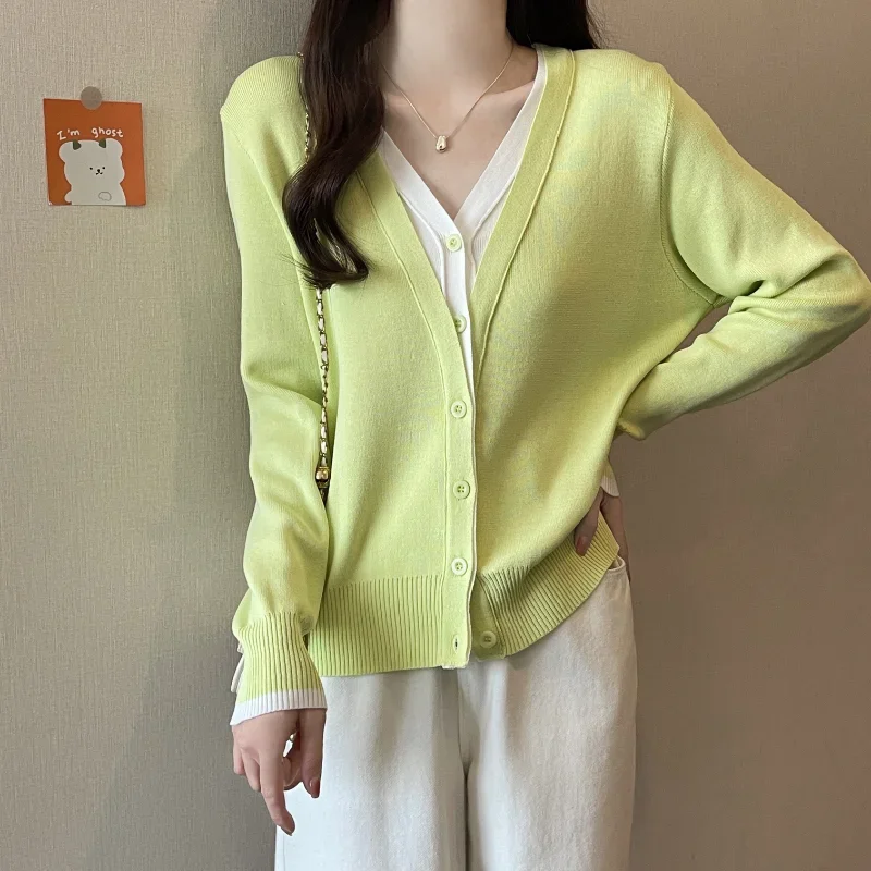 2025 Nieuwe nep tweedelige vesten dames Koreaanse mode patchwork lange mouw lente herfst gebreide vrouwelijke