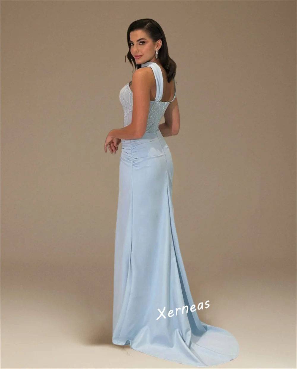 فساتين سهرة فاخرة بطول الأرض بدون حمالات بطيات جيرسي مخصصة لمناسبات خاصة مخصصة لامعة أنيقة #3