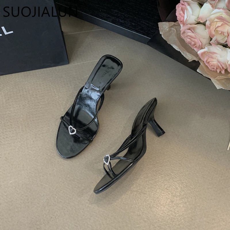 SUOJIALUN 2023 Summer New Women Slipper Fashion Narrow Band Ladies Elegant Sandal Shoes Thin High Heel Dress Slip  On Flip Flop