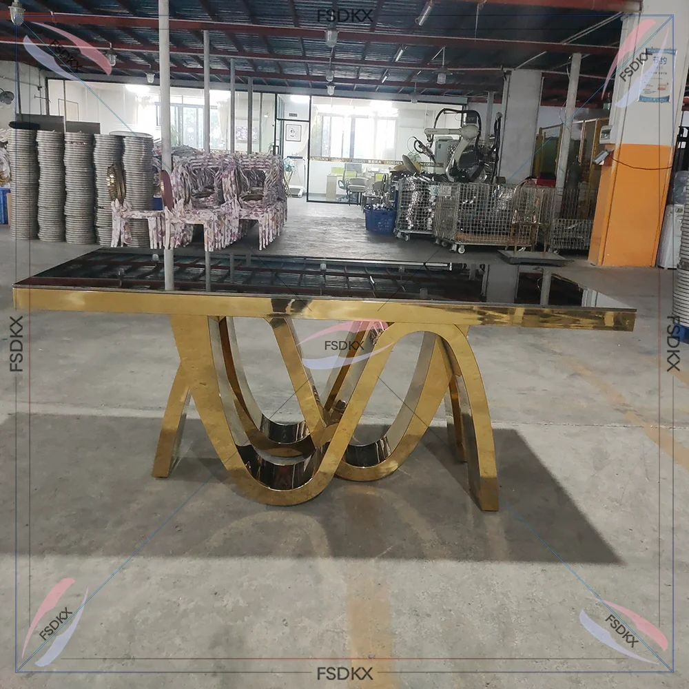 

FSDKX High Quality Gold Stainless Steel Table Glass Top Furniture Wedding Table for Sale