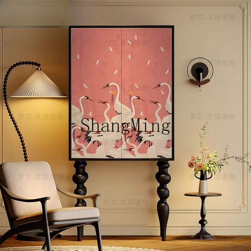

FG White Crane Solid Wood Tall Cabinet Living Room Entrance Floor Storage Decorative Bedroom Pink Bedside Locker