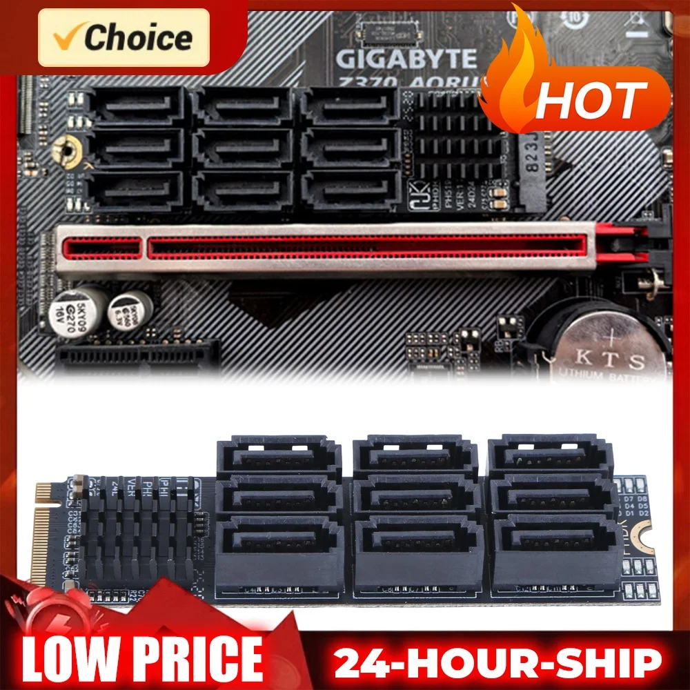 for M.2 To SATA 3.0 Riser Card PCIE 3.0 X2 Hard Disk Capacity for M.2 NVME for M-Key To SATA 9-Port Expansion Card for Desktop