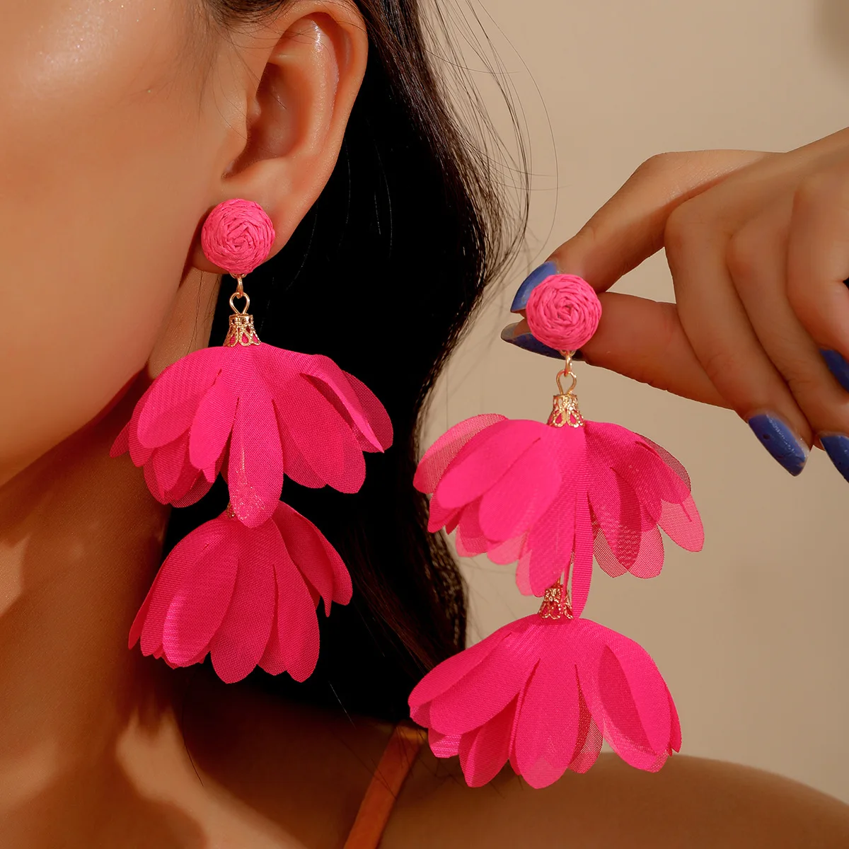 New floral temperament tassel fabric earrings handmade niche colored geometric circular petal earrings