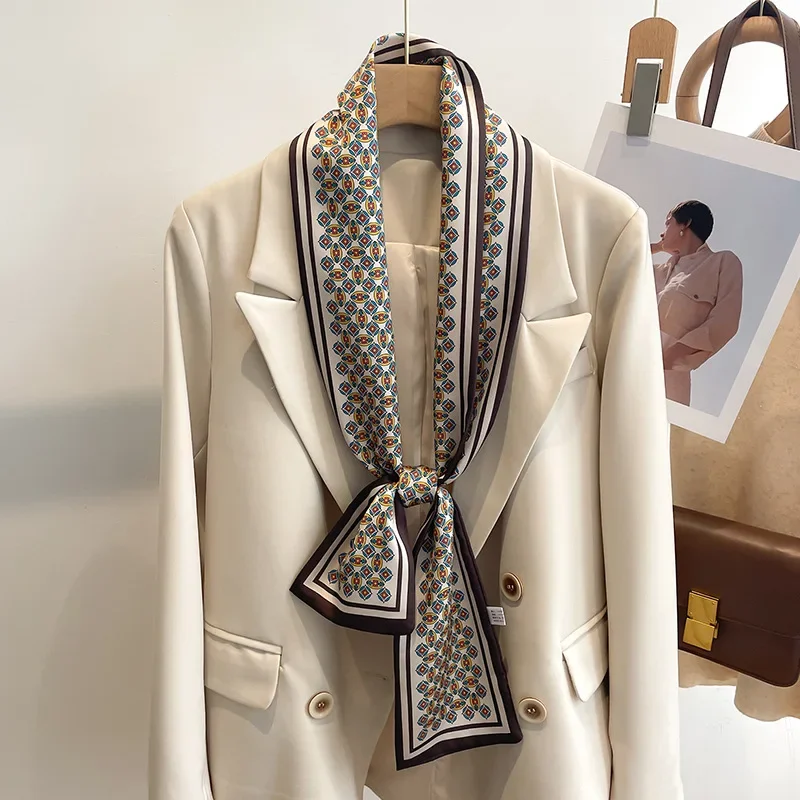 وشاح حريري صغير أخضر للنساء وشاح صغير كوري طويل للربيع والخريف والصيف قميص عصري بشريط رفيع وضيق