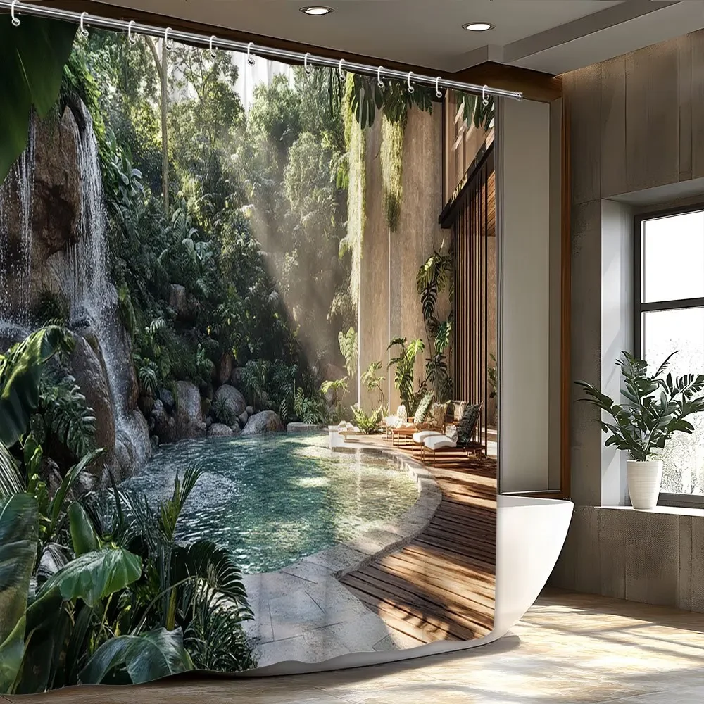 Tropical Pool Shower Curtain - Turquoise Waterfall Design, Lush Greenery, Wooden Deck, Luxe Bathroom Decor,  Polyester, Washab