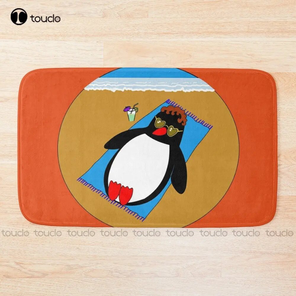 Penguin Sunbathing On Beach Cartoon Bath Mat Poster Bath Mats Non Slip Bathroom Carpet