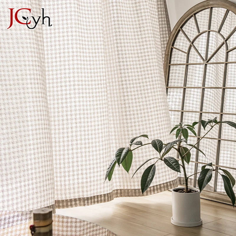 Japan Style Plaid Tulle Curtains for Girls Bedroom Solid Sheer Curtain for Living Room Elegant Gauze Cortinas Rideaux Home Decor