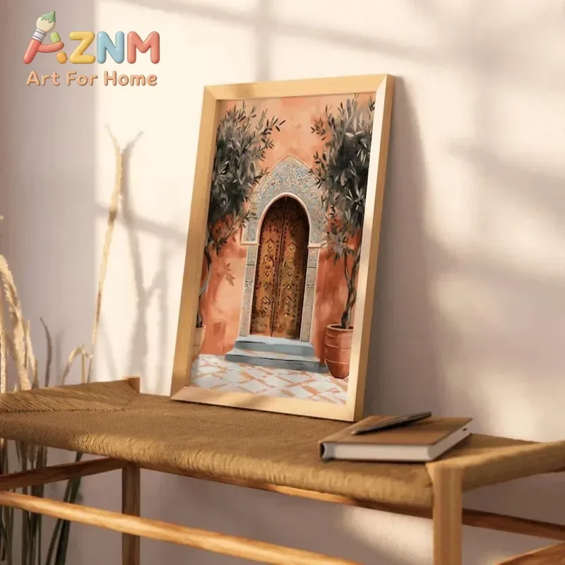 AZNM Moroccan Style Canvas Wall Art Oriental Arch Door Traditional Tile Tea Culture Frameless Print Poster for Home Decor