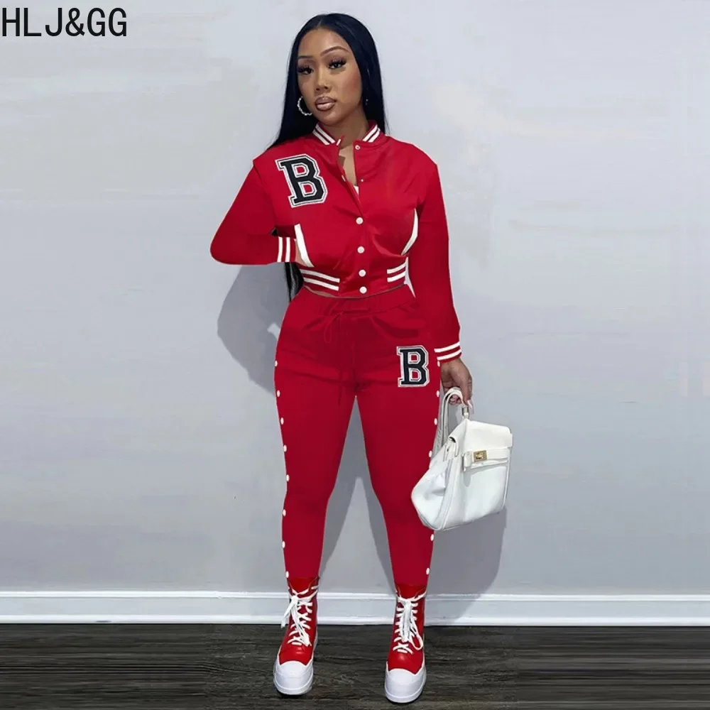 HLJ&GG Fashion Letter Print Baseball Jacket Two Piece Sets Women Button Long Sleeve Crop Top+Pants Female Patchwork 2pcs Outfits