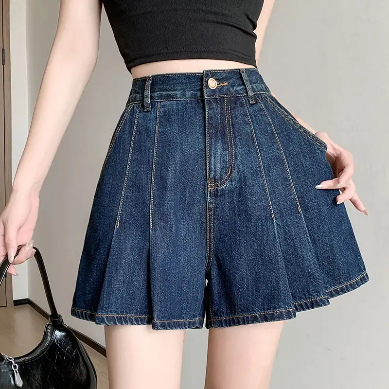 Oversized Jeans Female Korean Fashion Buttons Zipper High Waist Wide Leg Pants Summer All-match Pleated Shorts Women Clothing