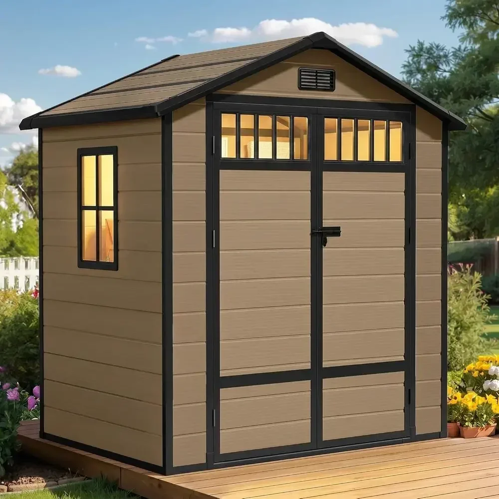 Outdoor Storage Shed, All-Weather Resin Plastic Storage Shed with Windows, Slanted Roo, Raised loor, acity or Garden Tools & Equ