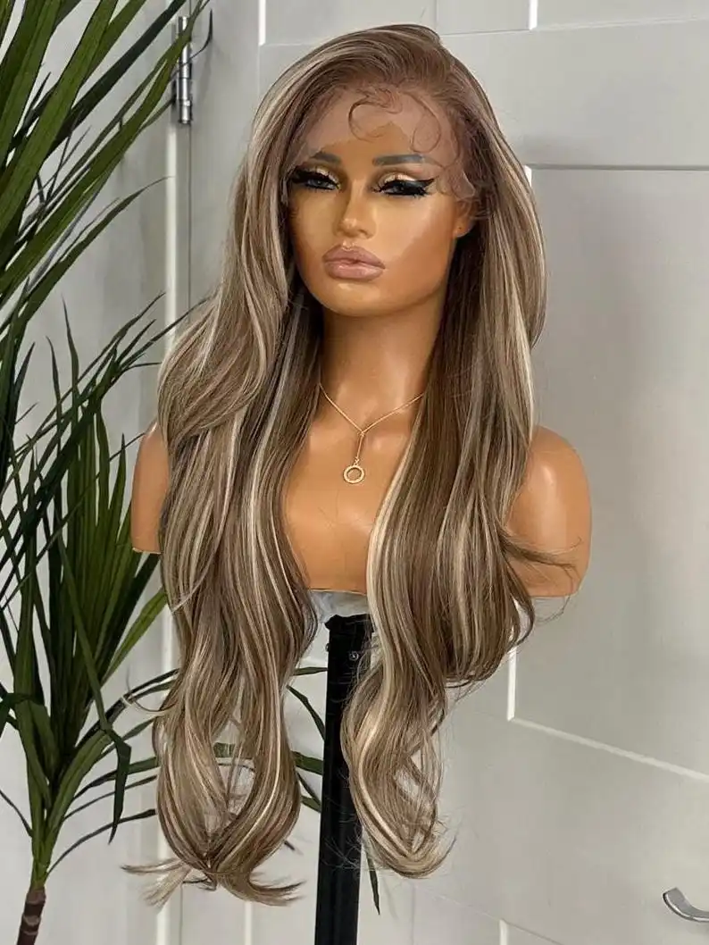 ハイライトオンブレウィッグ ボディウェーブ レースフロントウィッグ 13x4 HDレースウィッグ ブラウンブロンドヘッドバンド付き グルーレスウィッグ 合成レースフロントウィッグ