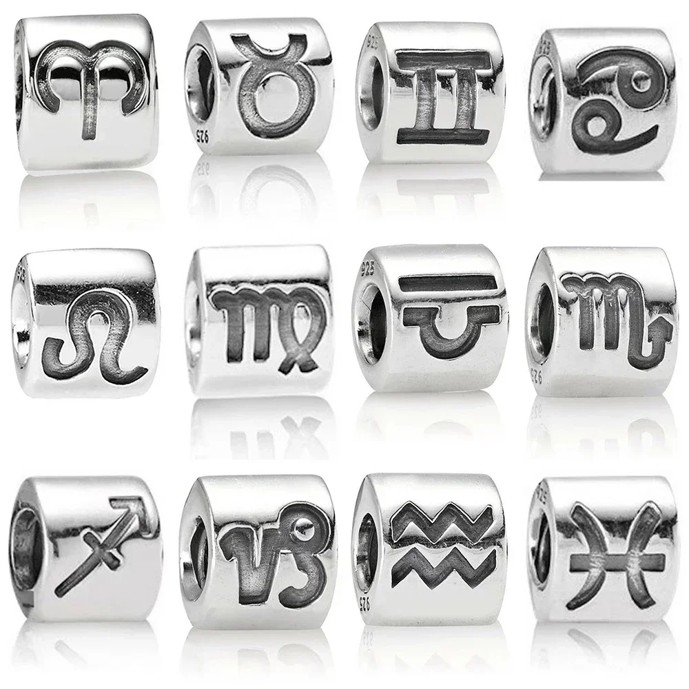 

2019 NEW 100% 925 Sterling Silver 12 Constellations Alphabet Charm Beaded Fit DIY Bracelet Bangle Necklace Women Jewelry Gift