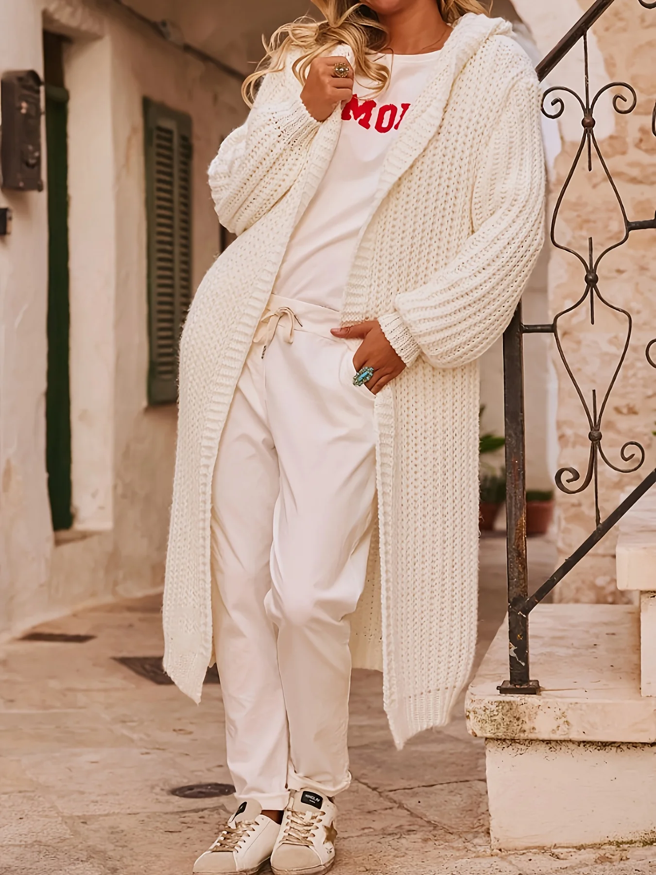 

Женская простая вязаная толстовка с длинным узором, модный ажурный вязаный свитер, пальто