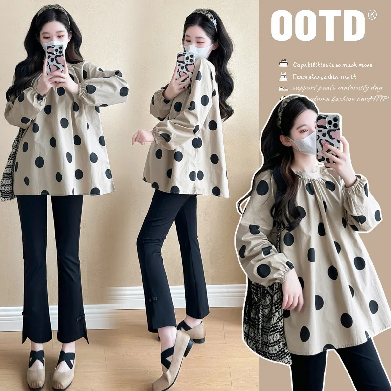 

Korean Style Pregnancy Top Autumn Long Sleeve Loose Fit Polka Dot Blouse Versatile Mid Length Maternity Shirt Early Stage