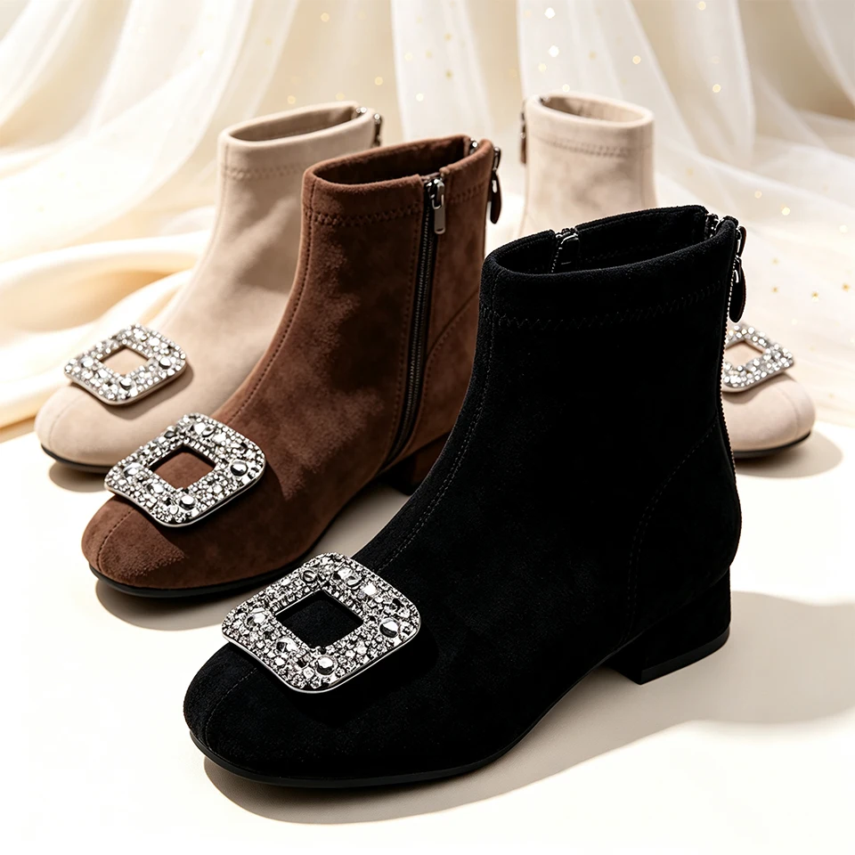 Fashion Short Girls Faux Suede Ankle Boots with Sparkly Rhinestone Elegant Children's Wedding School Casual Ankle Boot Footwear