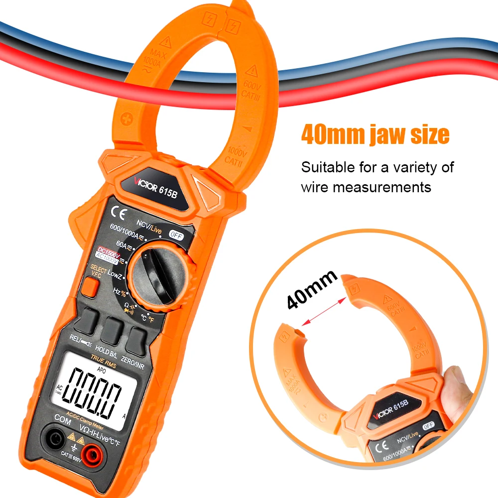 Victor 615B Digital Clamp Meter DC/AC Current 6000 Counts 1500V 1000A Multimeter Large LCD Screen Voltage Tester Car Hz NCV Ohm