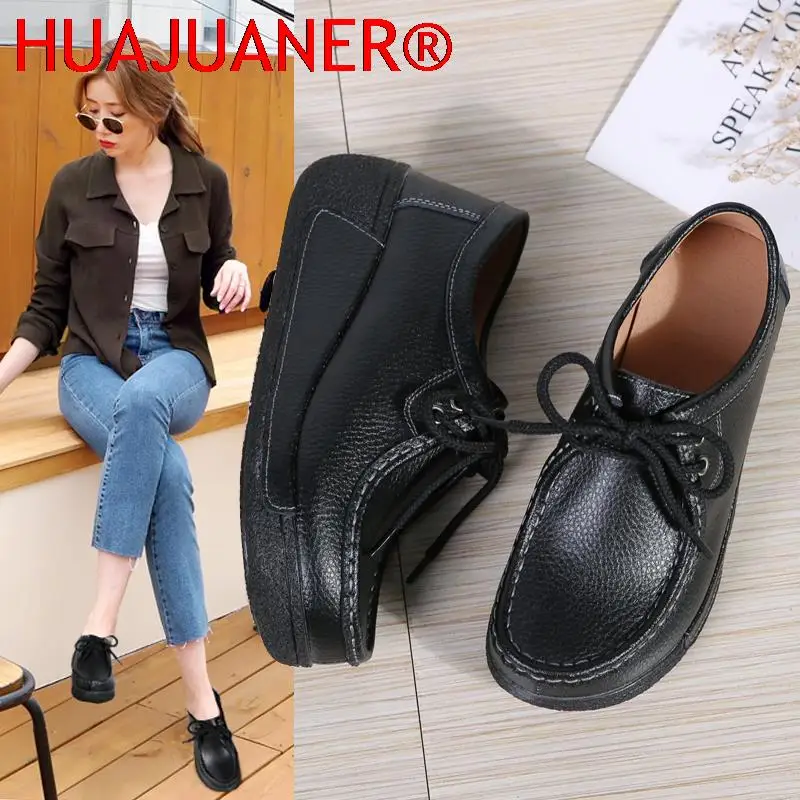 Mocasines planos cómodos para mujer, zapatillas de deporte con cordones de cuero transpirable, zapatos informales suaves negros a la moda para mujer