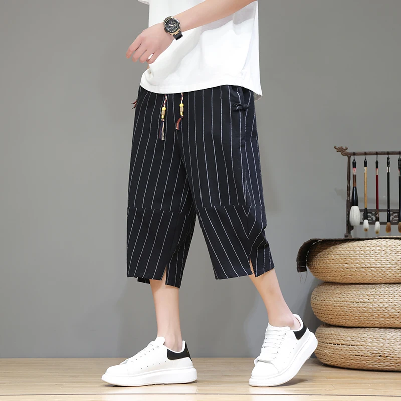 

2025 г. Мужские полосатые брюки семь четвертей в китайском стиле, новые летние хлопковые и льняные широкие брюки свободного покроя, модные шаровары