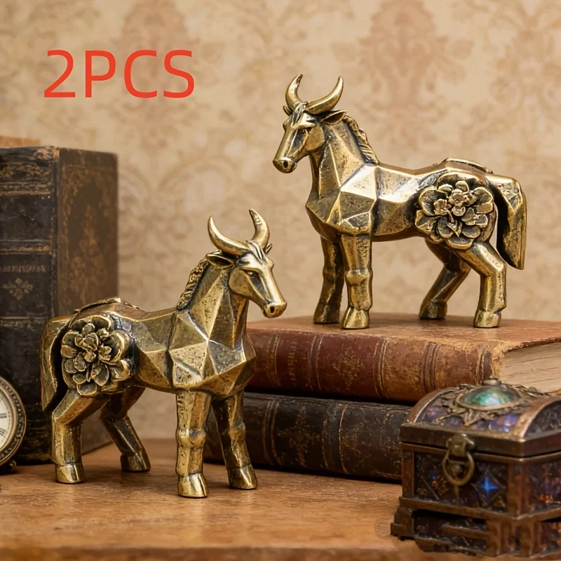 2pcs Retro Brass Three-dimensional Sectional Cow Horn Horses Ornament Creative Geometric Metal Crafts Desktop Bonsai Decor Gifts