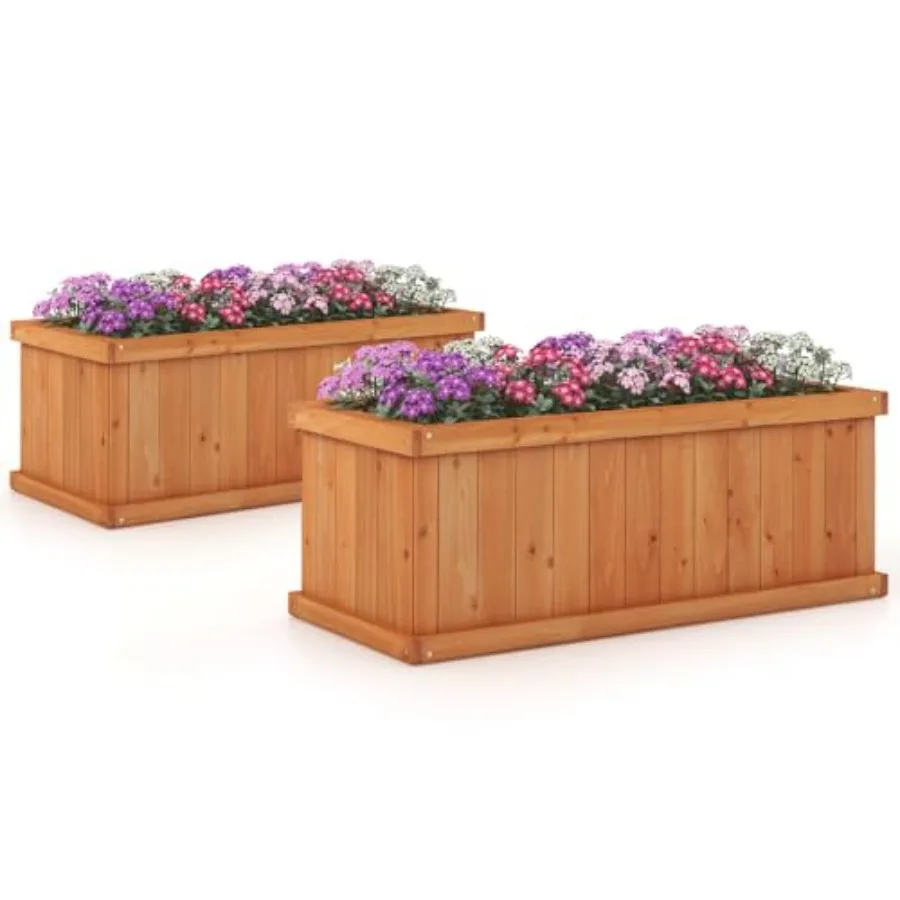 Raised garden beds for patio and backyard use, made of fir wood, natural color, with 4 drainage holes and detachable base plate
