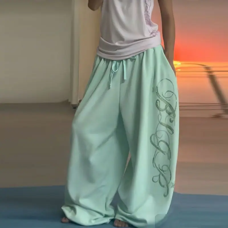 Hip Hop Y2K Wide Leg Sweat Pants Rhinestone Swirl Letter Print Elastic Waist Loose Women Pink Mint Green Casual Street Trousers