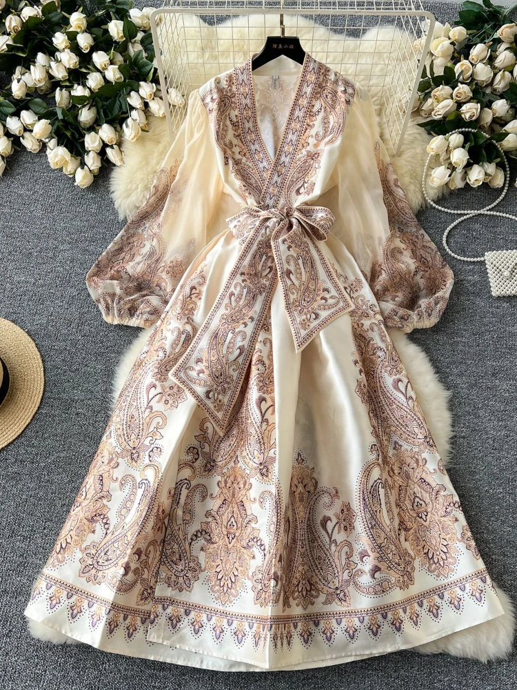 

Women Elegant Print Party Vacation A-line Dress Spring Autumn V-neck Lantern Sleeves High Waist Slim Tie Up Robe Vestidos