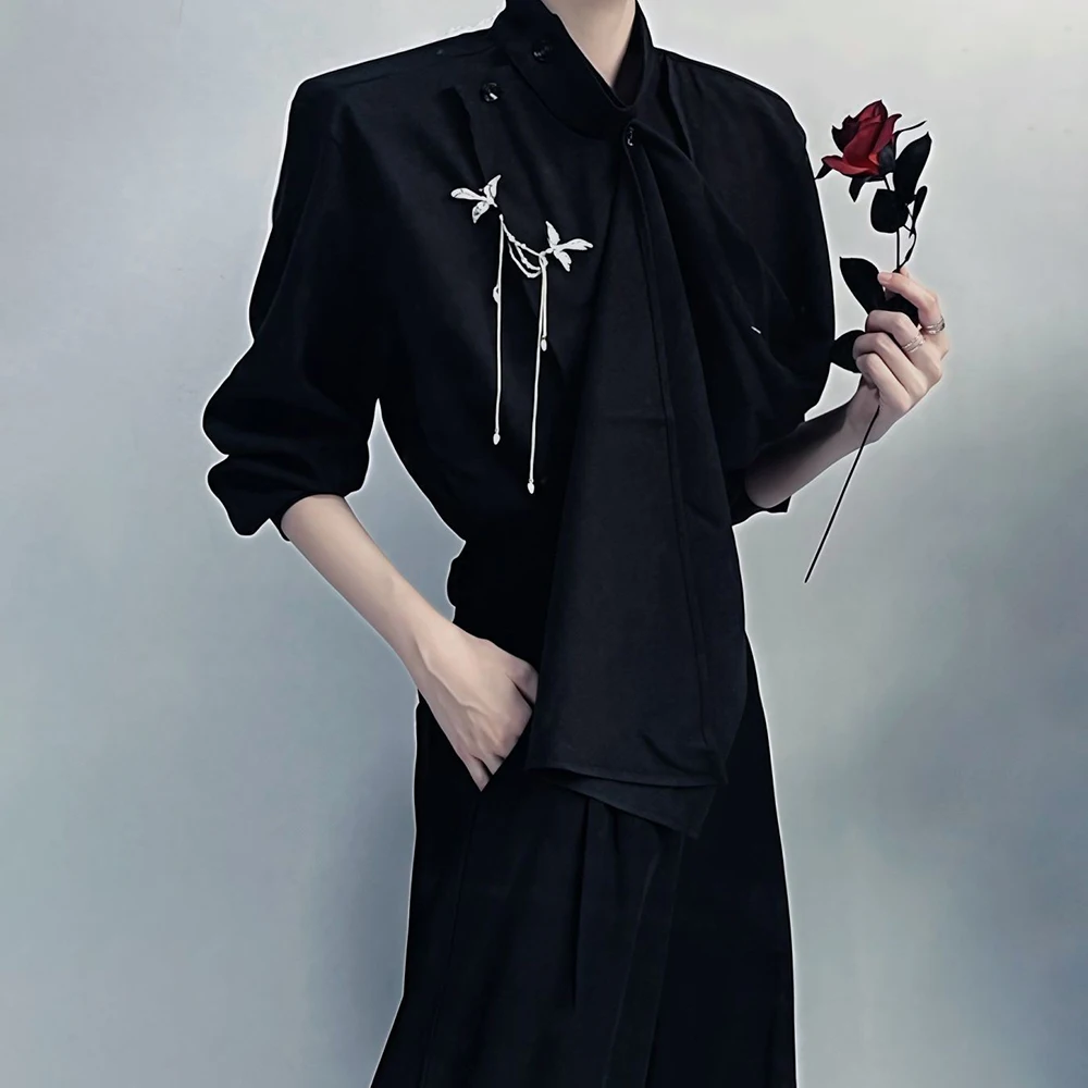 

Winter New Men's Solid Color Ribbon Long-Sleeved Shirt Chinese Retro Fashion Trendy High Street Casual Loose Simple Men's Top