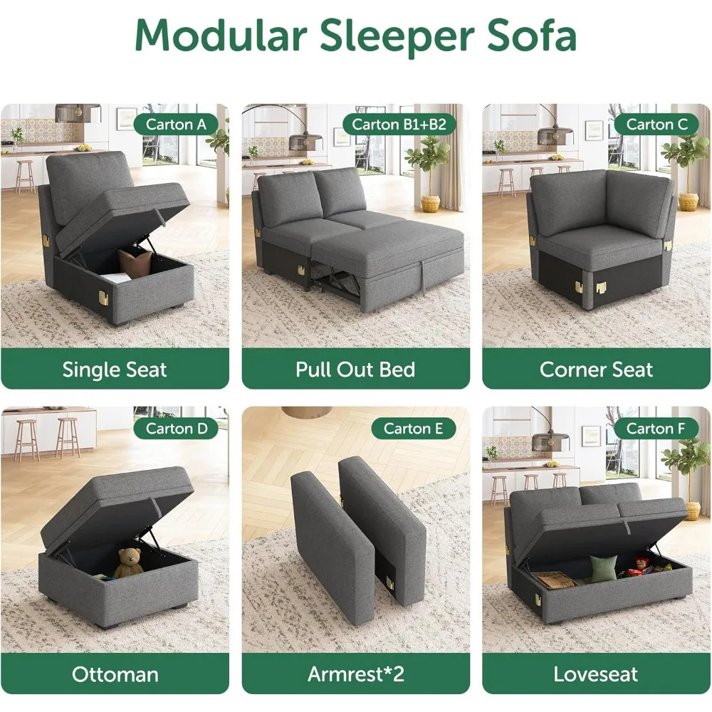 سرير قابل للسحب لأريكة النوم المقطعية المعيارية، مقعد Loveseat بدون ذراع مع سرير قابل للسحب للأريكة المقطعية، رمادي داكن