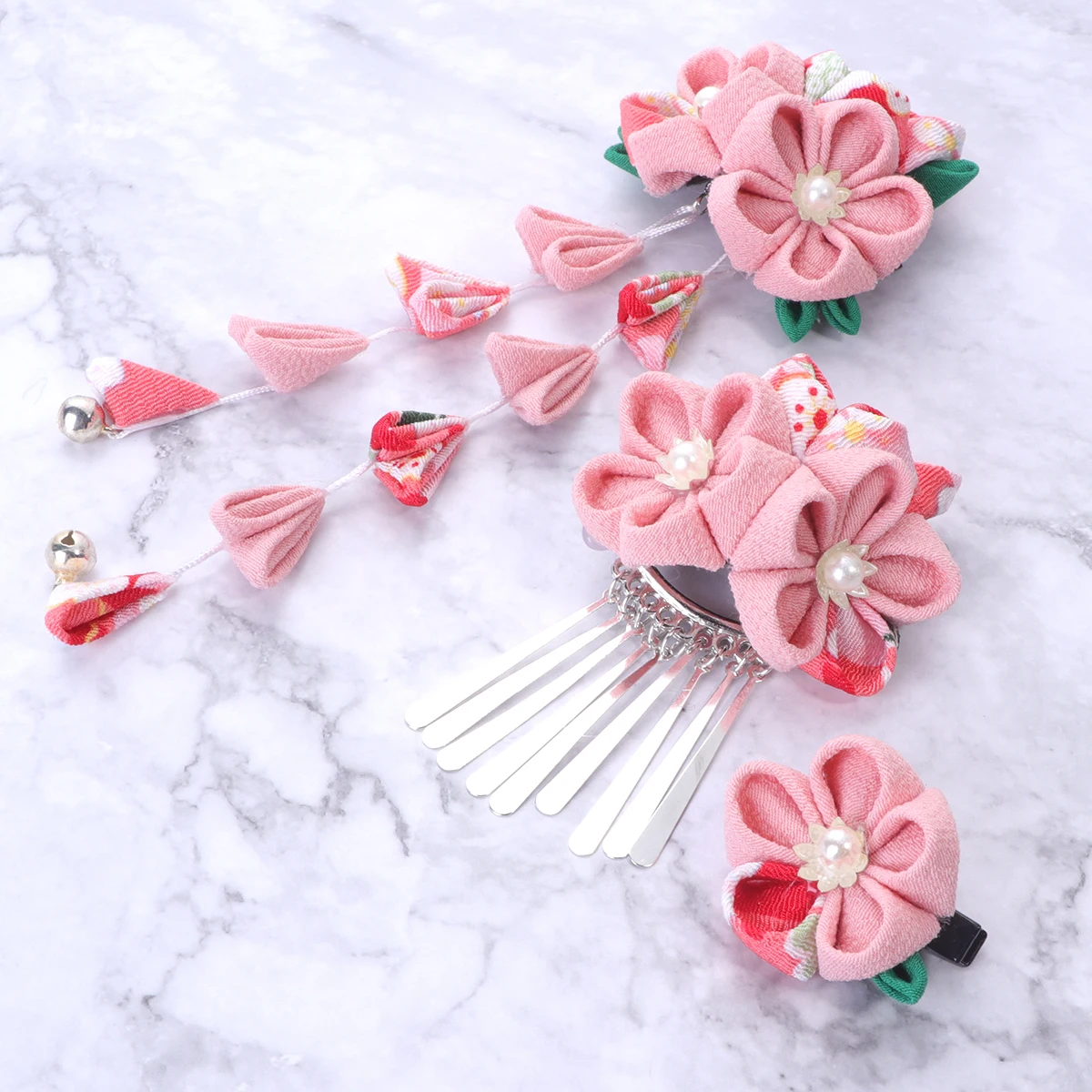 

3pcs Japanese Style Hair Clips Set Pink Cloth Flower Barrette For Women Side Bun Pin Hair Accessories Decor Hairstyle Tool