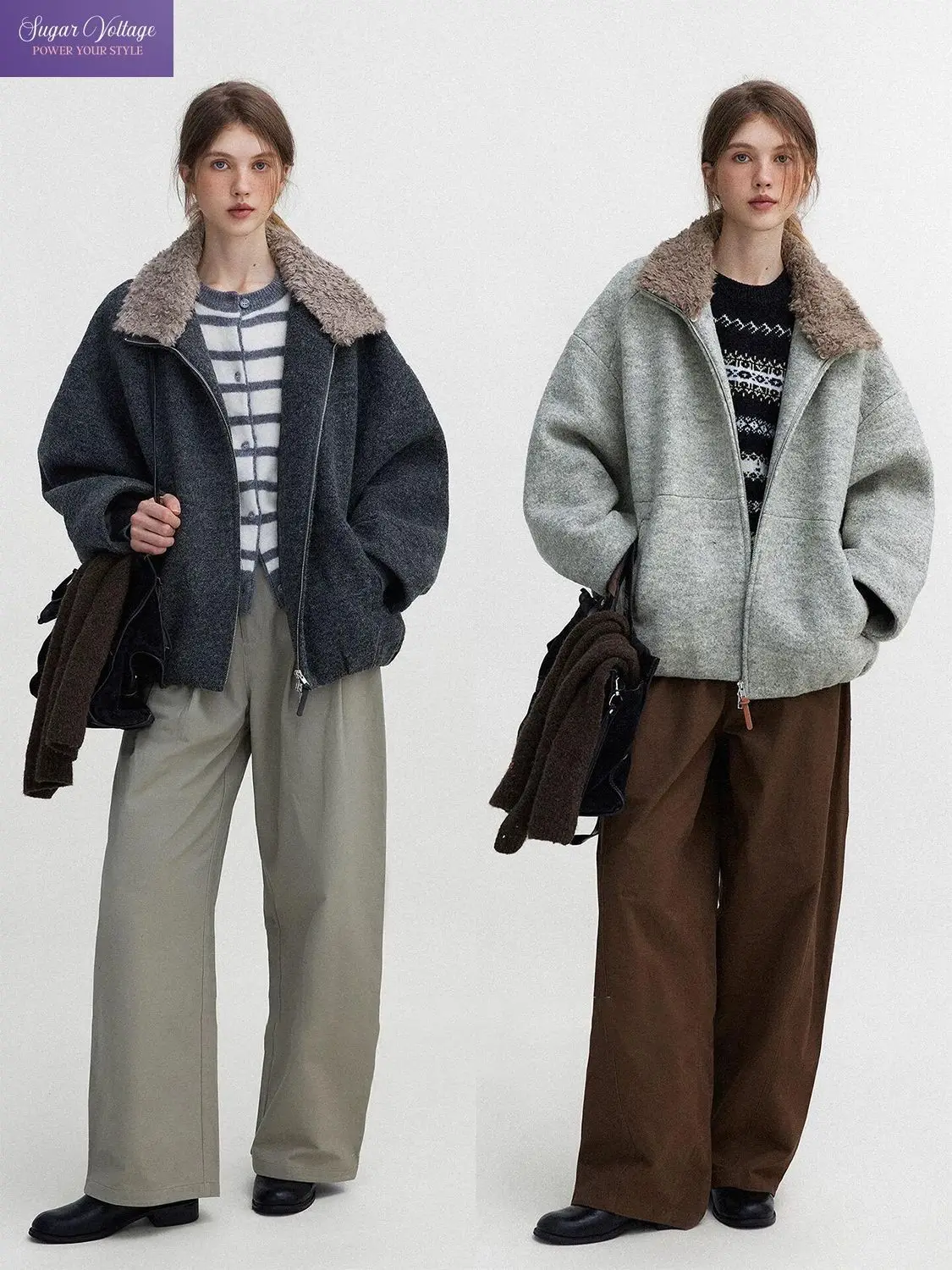 Vintage French Removable Cozy Furry Collar Batwing Sleeve Cropped Jacket Women Loose Fit Winter Casual Commute Daily Outfit 2026