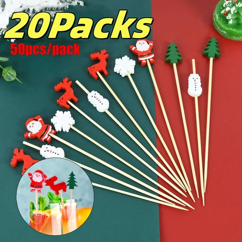 50Pcs/set Christmas Tree Elk Santa Claus Snowman Sticks Xmas Ornaments Christmas Fruit Sticks Disposable Bamboo Sticks Snowflake