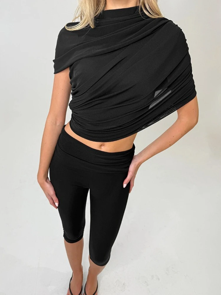 Foamlina Frühlings-Neuheit: Zweiteiliges Damen-Set mit Asymmetrischem Crop-Top und Hochtaillierter Capri-Leggings - Modisches Outfit