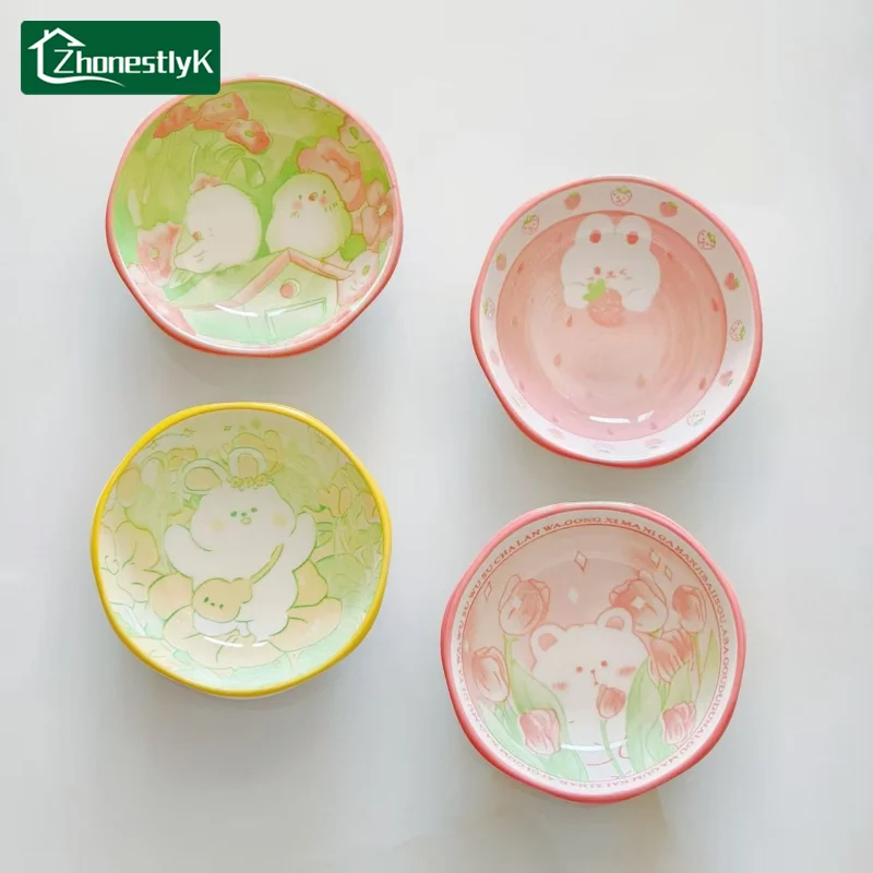 4Pcs Cute Rabbit and Bird Taste Dish Ceramic Cartoon Dessert Plate Soy Fruit Sauce Dish Seasoning Bowl Household Dip Dishes