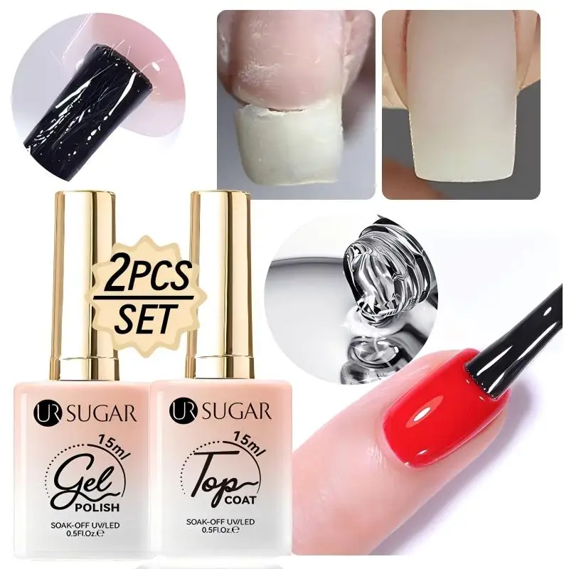 UR SUGAR 2PCS/SET 15ml Fiber Rubber Base Gel and Super Top Coat Fiberglass Clear Function Gel Lasting Soak Off Nails Art Varnish