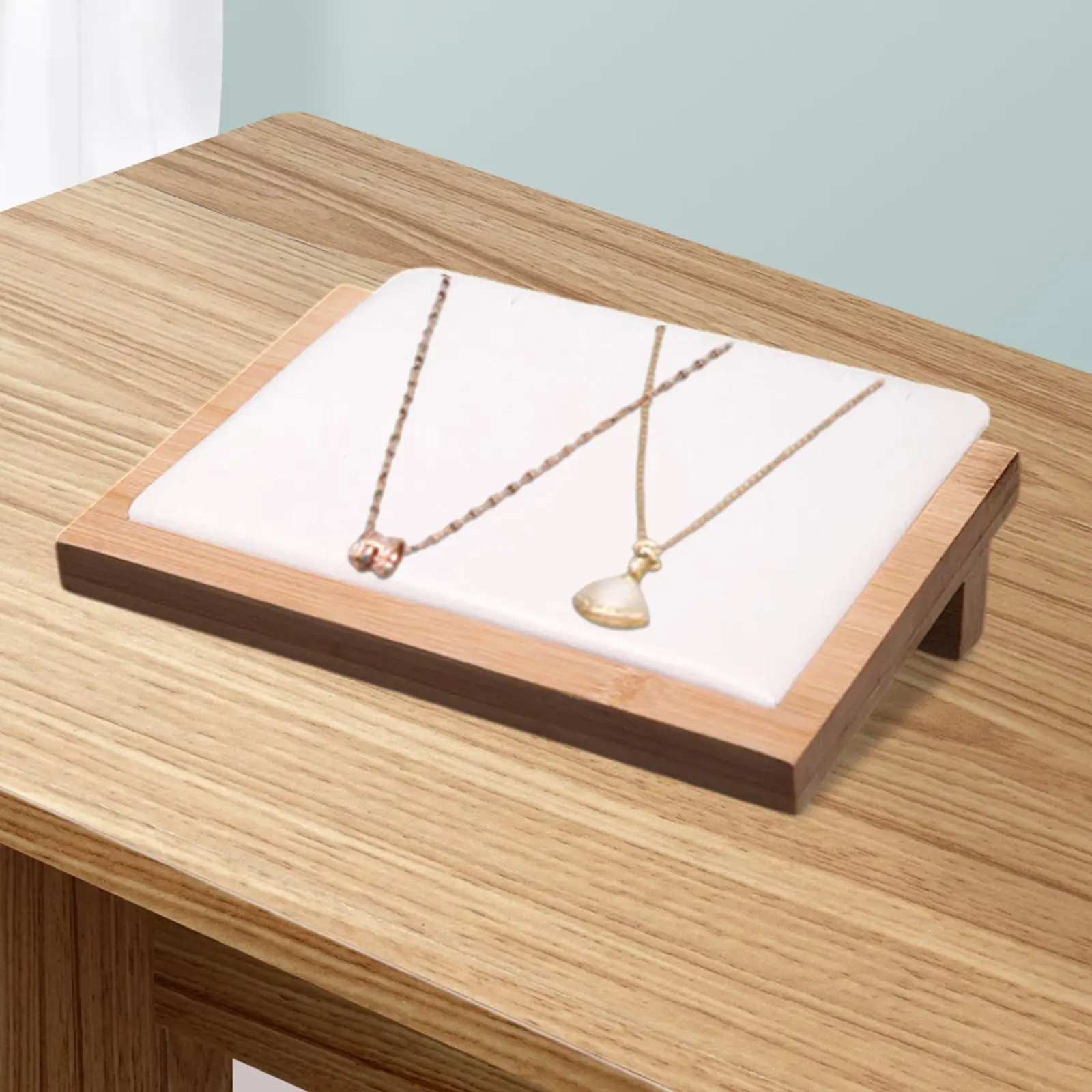 Bamboo Necklace Display Tray Slant Back Jewelry Holder Rack with PU Cushion Organizer for Pendants Rings Bracelets Chain Storage