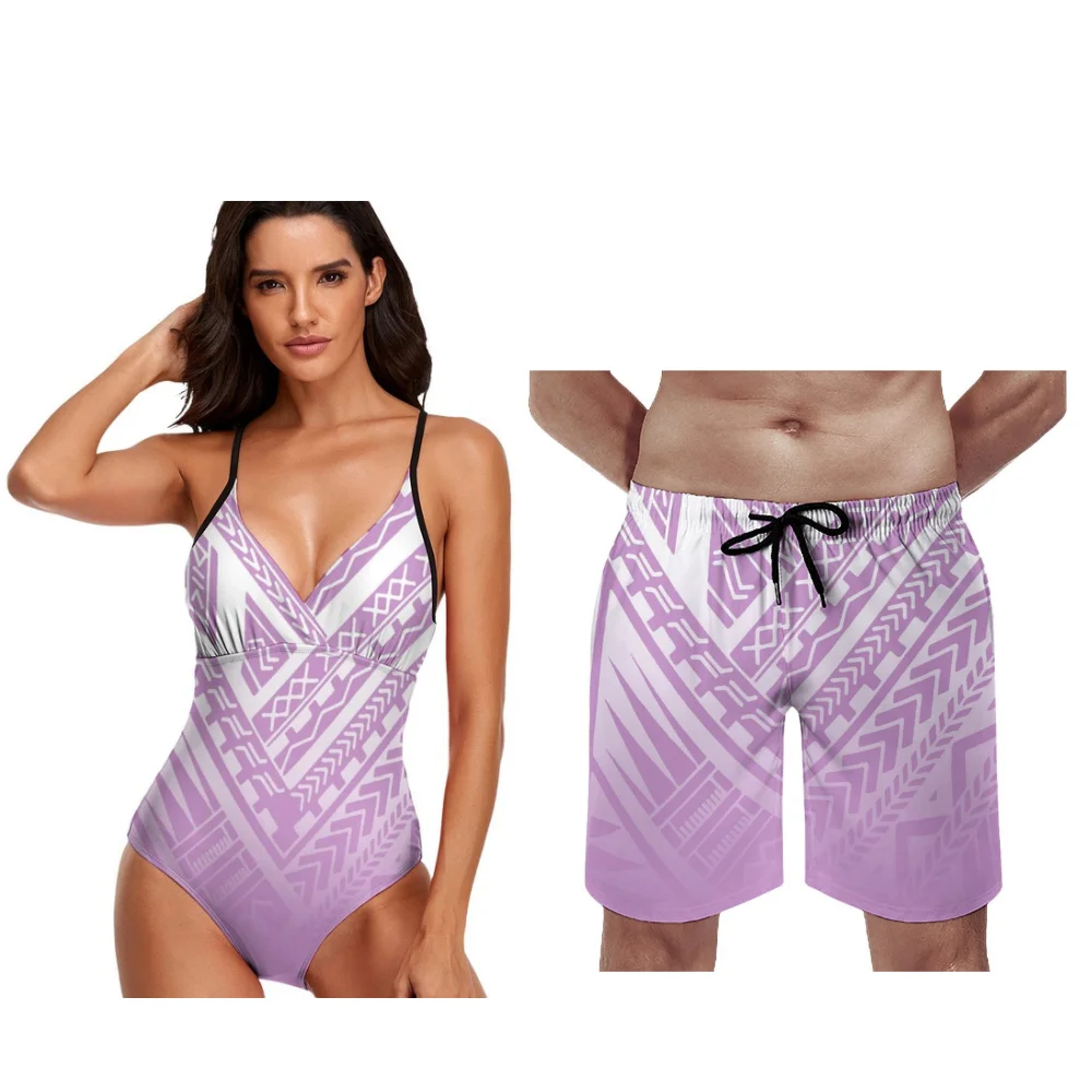 

Polynesian customizable women bandeau bikini men swim trunks orchid print Hawaii style 2025 new yearround