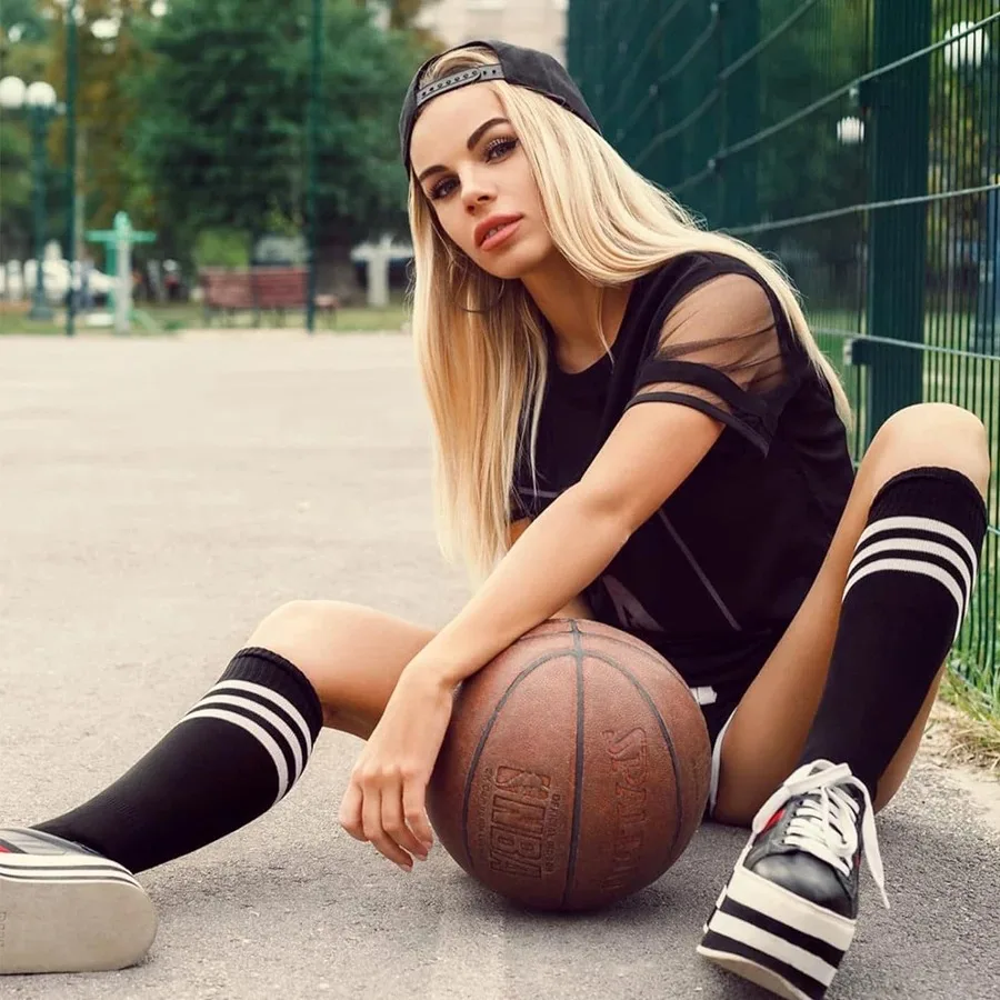 Women's Striped Knee High Socks, Classic 3 White Stripe Socks Casual Sporty Crew Socks for School Uniform Soccer Daily Wear view 5