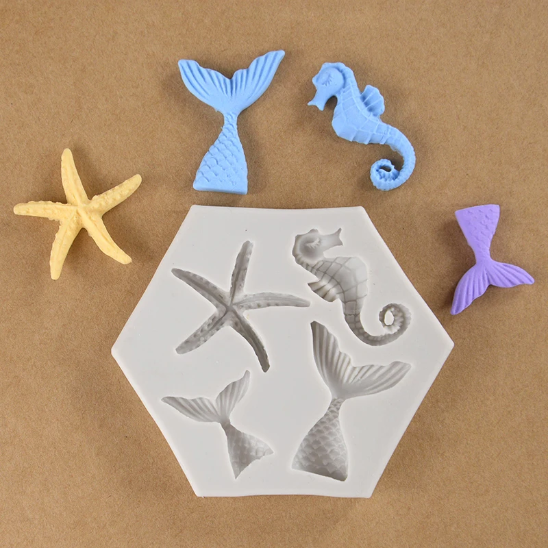 1pcs Silicone Mold Mermaid Tail Seahorse Starfish Chocolate Fondant Cake Molds Marine Theme Birthday Party Cupcake Decor Tools