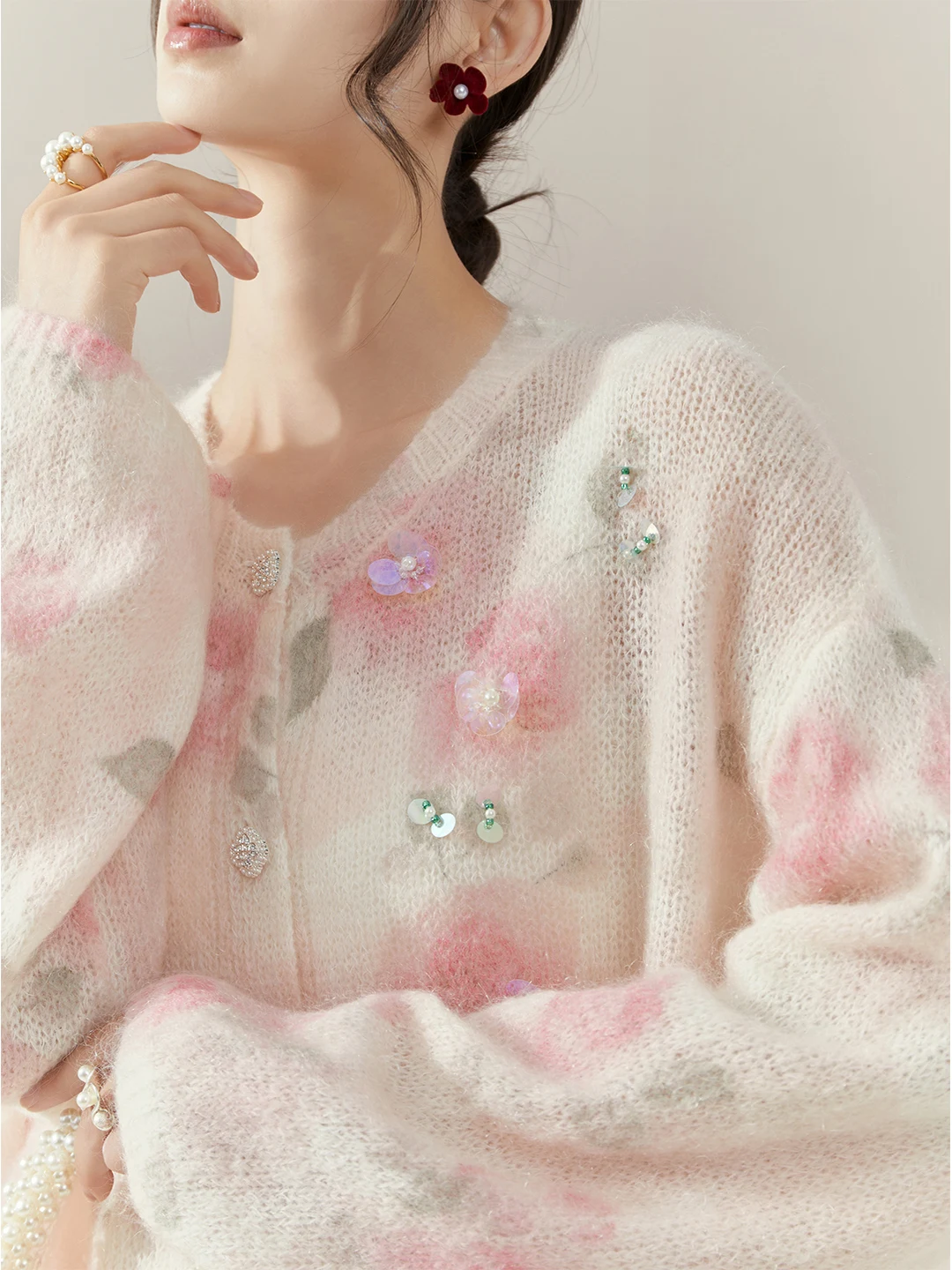 

Loose Fit Knitted Cardigan Women's Soft Polyester Fiber Long Sve Floral Print Casual Sle Early Autumn Top FlowingEra