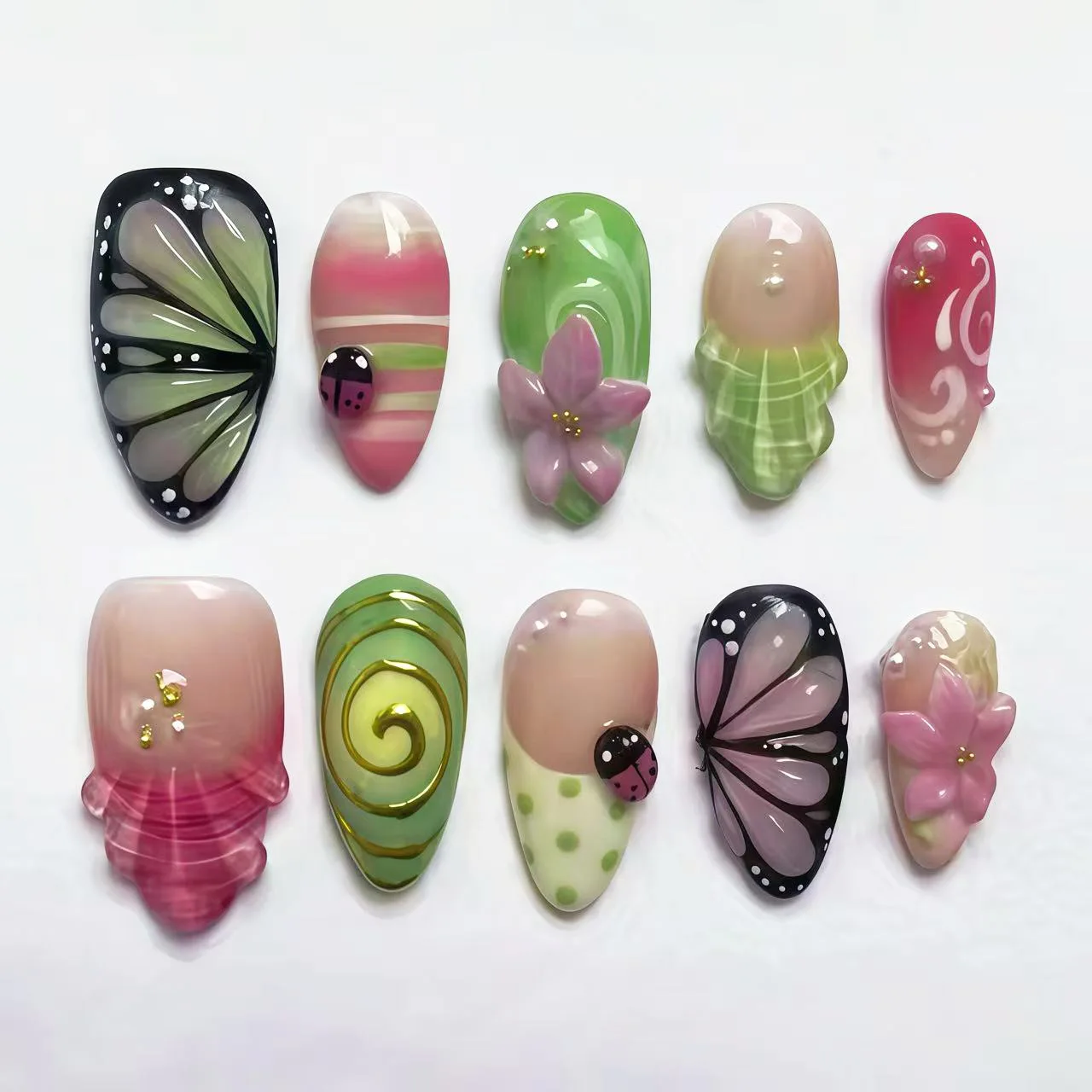 24Pcs Colorful Stripe Smudge Finger Nails Butterfly Ladybug Flower False Nails Press on French Polka Dot Reusable Stick on Nail