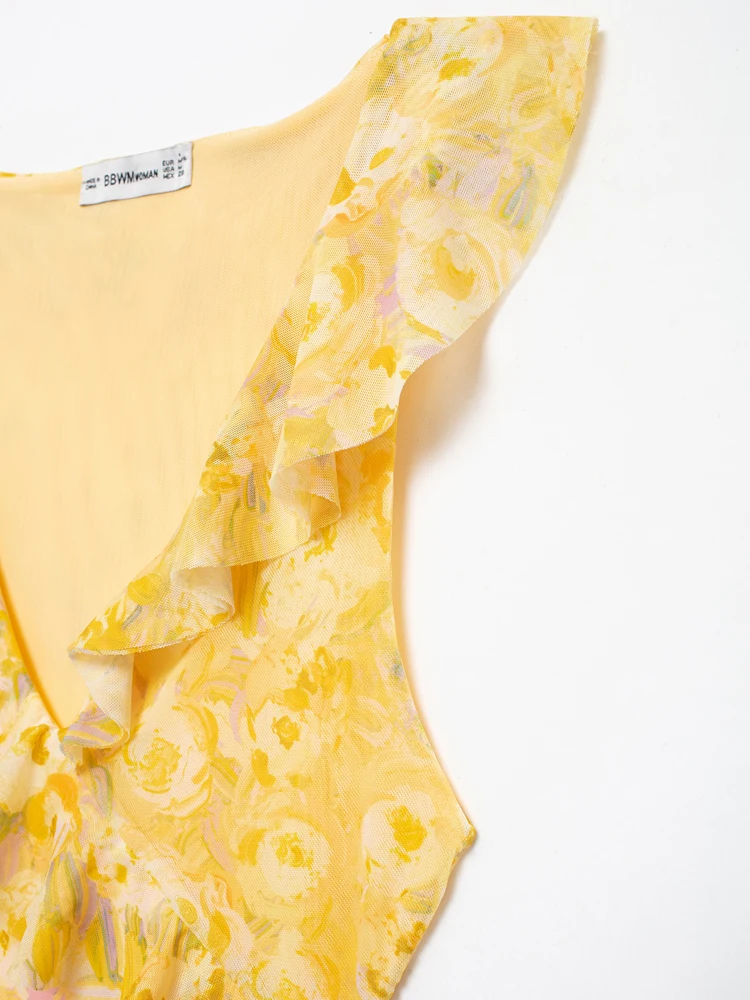 KAOPU ZA Women with ruffle draped printed tulle mini dress vintage v-neck sleeveless female dresses vestidos mujer