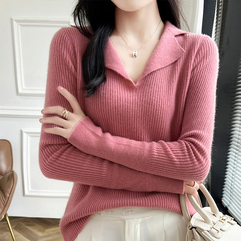 Maglione lavorato a maglia in pura lana 100% da donna Risvolto Slim Sprout Pullover Casual caldo camicetta a maniche lunghe Autunno Joker Camicia che tocca il fondo