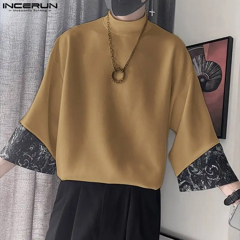 2024 Fashion Tops INCERUN Men Casual Printed Splicing T-shirts Seven Quarter Sleeves Half High Collar Tees Streetwear Male S-5XL