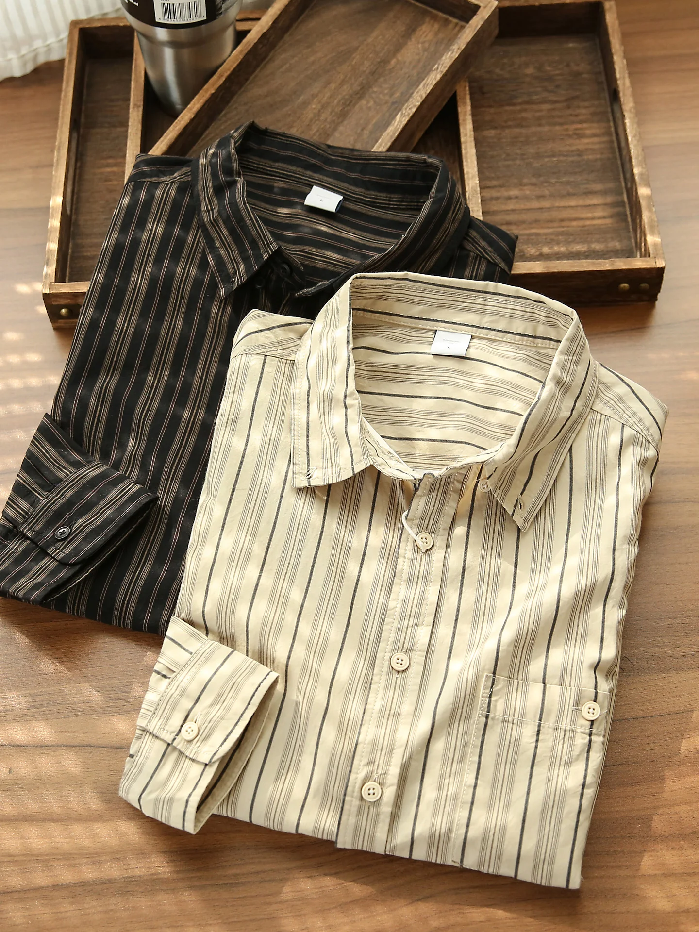 

Autumn New Sle Japanese Retro Striped Pure Cotton Waed Men's Loose Casual Versatile Long Sve irt Coat Outerwear