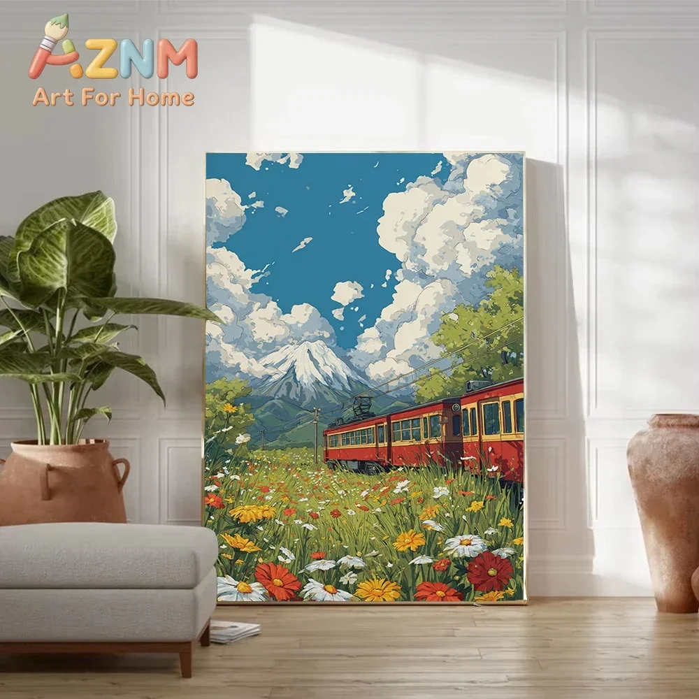 AZNM Japanese Mount Fuji Vintage Train Canvas Wall Art Colorful Floral Scenery Print Poster for Living Room Bedroom Modern Home
