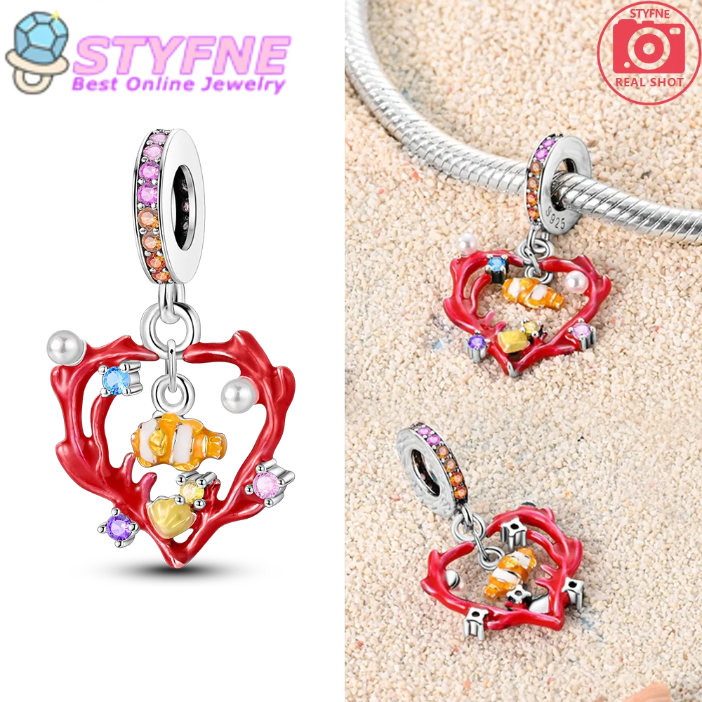 Cute 925 Sterling Silver Red Heart-Shaped Coral Clownfish Shell Charm Fit Bracelet Necklace Women's Aquarium Jewelry Accessories