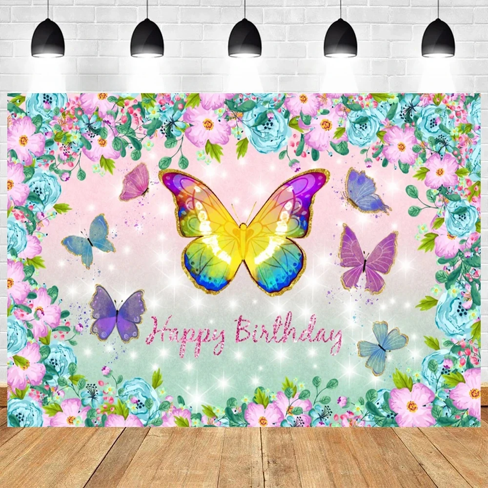 

Dreamy Butterfly Theme Photography Child Birthday Party Baby Shower Purple Flowers Banner Background Decoration Photo Studio